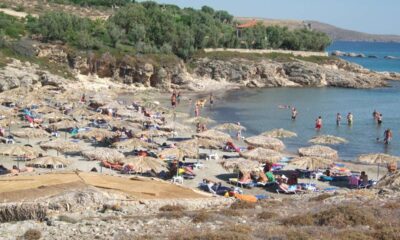 a beach with people and umbrellas