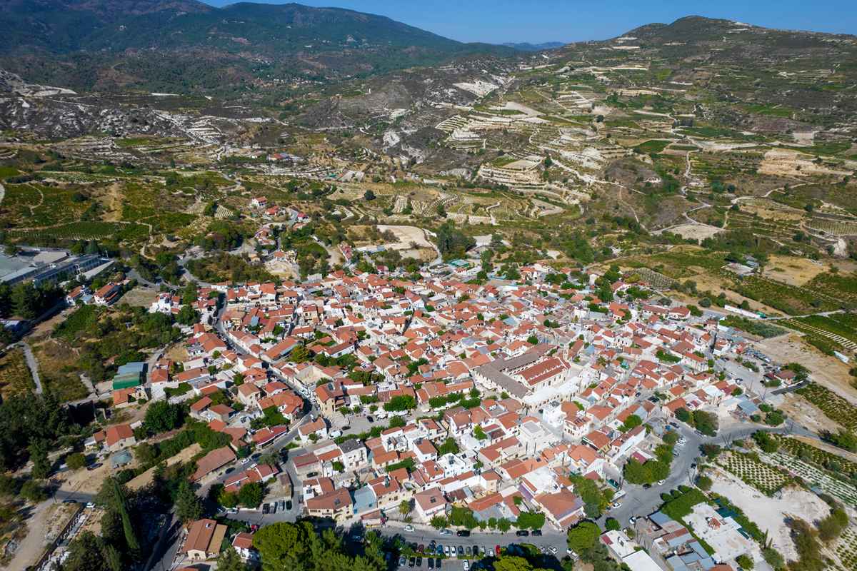 aerial drone scenery of mountain village of omodos