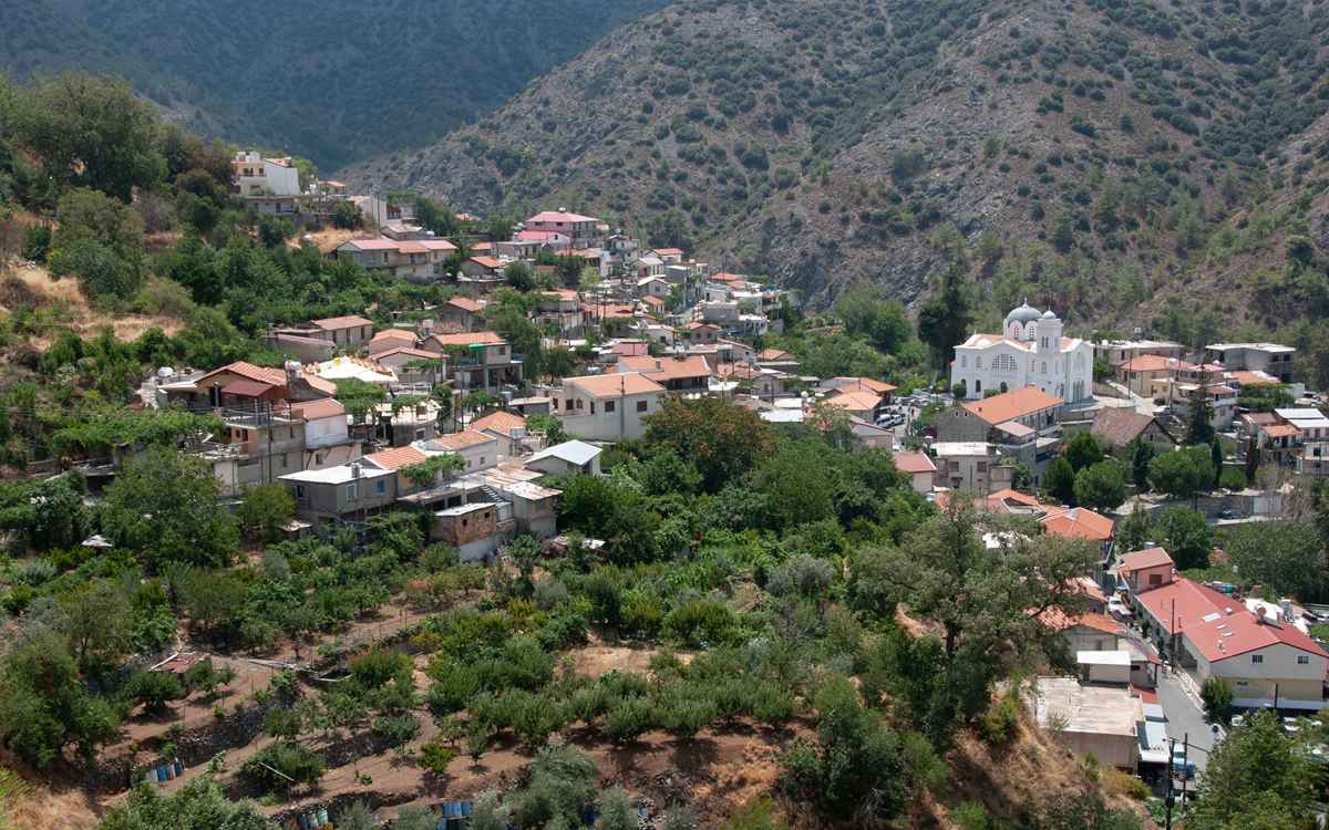 mountain village of pedoulas in autumn at troodos